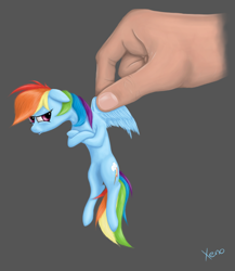 Size: 800x923 | Tagged: safe, artist:the1xeno1, rainbow dash, pegasus, pony, backwards cutie mark, crossed hooves, female, hand, holding a pony, mare, micro, signature, simple background, solo, tiny ponies, unamused