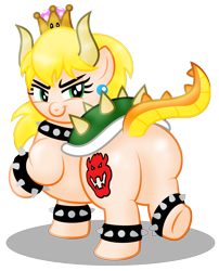 Size: 2300x2844 | Tagged: safe, artist:aleximusprime, pony, bedroom eyes, bowser, bowsette, chubby, crown, cute, dragon tail, fat, flirty, jewelry, king koopa, koopa, koopa shell, plot, plump, ponified, regalia, rule 63, simple background, spikes, super crown, super mario bros., thick, transparent background