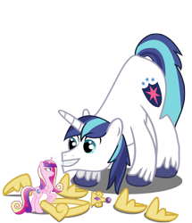 Size: 1716x2000 | Tagged: safe, artist:gamerpen, princess cadance, shining armor, alicorn, pony, unicorn, eye contact, face down ass up, frown, grin, hoof shoes, micro, missing accessory, raised hoof, size difference, smiling, tiny, unamused, underhoof