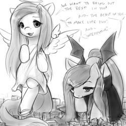 Size: 700x700 | Tagged: safe, artist:alloyrabbit, fluttershy, oc, oc only, oc:saltlick, oc:sugarcube, pegasus, pony, city, clothes, destruction, giant pony, looking at you, macro, monochrome, robe, sandals, shoulder angel, shoulder devil, sketch, stockings