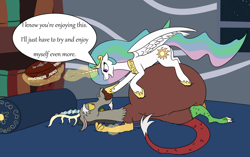 Size: 1000x627 | Tagged: safe, artist:8aerondight8, discord, princess celestia, alicorn, pony, belly, belly bed, bhm, big belly, bondage, cake, fat, fatcord, female, femdom, food, force feeding, impossibly large belly, levitation, magic, magical bondage, stuffing, telekinesis