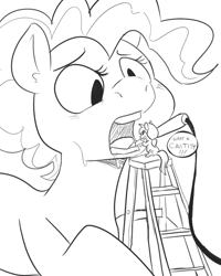 Size: 600x750 | Tagged: safe, artist:mt, pinkie pie, earth pony, pony, dentist, drill, ladder, micro, monochrome, nervous, open mouth, sweat, teeth