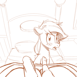 Size: 900x900 | Tagged: safe, artist:goat train, applejack, oc, oc:anon, human, angry, bed, bed mane, hoof hold, macro, micro, monochrome, size difference, sketch, underhoof