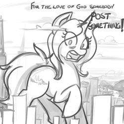 Size: 500x500 | Tagged: dead source, safe, artist:reiduran, oc, oc only, oc:gloomy, pony, unicorn, /mlp/, city, desperation, giant pony, macro, monochrome, open mouth, raised hoof, solo, wide eyes