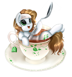 Size: 2183x2319 | Tagged: safe, artist:pridark, oc, oc only, pony, cup of pony, micro, simple background, solo, spoon, teabag, teacup, tiny ponies, transparent background