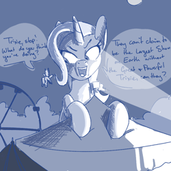 Size: 700x700 | Tagged: safe, artist:goat train, trixie, pony, unicorn, circus, female, ferris wheel, giant pony, macro, mare, monochrome, night, spotlight, tent