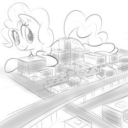 Size: 1000x1000 | Tagged: safe, artist:khorme, pinkie pie, pony, city, giant pony, macro, monochrome, prone, sketch, solo