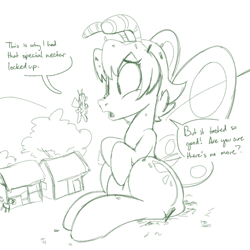 Size: 700x700 | Tagged: safe, artist:goat train, oc, oc only, oc:honeysuckle, flutter pony, pony, antennae, butterfly wings, flying, giant pony, growth, large butt, macro, monochrome, sitting, sketch