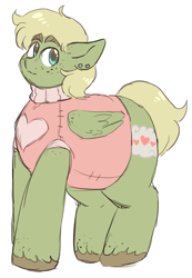 Size: 448x646 | Tagged: safe, artist:cottoncloudy, oc, oc only, oc:matcha mellow, pegasus, pony, chubby, clothes, ear piercing, earring, fat, freckles, jewelry, piercing, solo, sweater