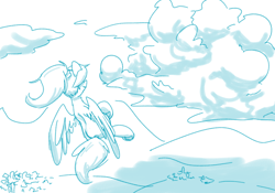 Size: 1000x700 | Tagged: safe, artist:goat train, oc, oc only, oc:cumulonimbus, pony, cloud, cloudy, flying, giant pony, macro, monochrome, sketch, solo, weather control