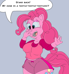 Size: 929x1000 | Tagged: safe, artist:idiotfarm, pinkie pie, anthro, breasts, female, finger under nose, macro, pre sneeze, solo