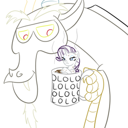 Size: 800x800 | Tagged: safe, artist:wryte, discord, rarity, pony, cup of pony, discord being discord, hot chocolate, lineart, lol, marshmallow, micro, newbie artist training grounds, rarity is a marshmallow, rarity is not amused, trollcord, trolling, unamused