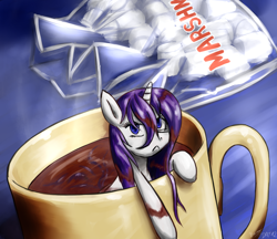 Size: 2200x1900 | Tagged: safe, artist:benjik, rarity, pony, cup of pony, hot chocolate, marshmallow, micro, newbie artist training grounds, rarity is a marshmallow, rarity is not amused, solo, unamused, wet, wet mane, wet mane rarity