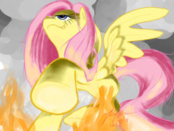 Size: 1600x1200 | Tagged: safe, artist:asclearascrystal, fluttershy, pegasus, pony, evil, evil grin, fire, giant pony, giantess, macro, raised hoof, solo