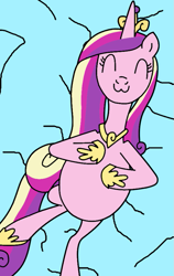 Size: 567x899 | Tagged: safe, artist:didgereethebrony, princess cadance, alicorn, pony, :3, bed, belly, belly rubbing, chubby, fat, hoof shoes, lying on bed, not pregnant, princess decadence, solo, stuffed