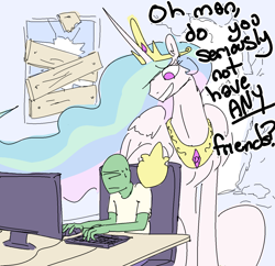 Size: 1280x1239 | Tagged: safe, artist:nobody, princess celestia, oc, oc:anon, alicorn, pony, brolestia, chair, computer, defenestratia, female, frown, giant pony, macro, make some friends, mare, nervous, size difference, smiling, sweat