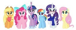 Size: 8890x3473 | Tagged: safe, artist:aleximusprime, applejack, fluttershy, pinkie pie, rainbow dash, rarity, twilight sparkle, twilight sparkle (alicorn), alicorn, earth pony, pegasus, pony, unicorn, absurd resolution, anklet, big crown thingy, bow, bracelet, chubbie pie, chubby, clothes, ear piercing, earring, elements of harmony, fat, female, flower, freckles, future, glasses, hat, jewelry, mane six, mare, older, piercing, plump, ponytail, pudgy pie, regalia, scarf, shirt, short hair, simple background, smiling, tiara, transparent background