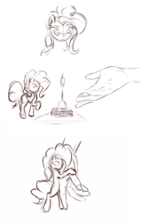 Size: 1438x2251 | Tagged: safe, artist:scootiebloom, pinkie pie, earth pony, pony, hand, micro, monochrome, solo