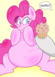 Size: 1447x2047 | Tagged: safe, artist:theobrobine, derpy hooves, pinkie pie, earth pony, pony, belly button, chubbie pie, chubby, fat, female, food, mare, muffin, pudgy pie, shiny, simple background, sitting, smiling