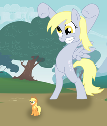 Size: 1600x1880 | Tagged: safe, artist:final7darkness, applejack, derpy hooves, earth pony, pegasus, pony, appletini, behind you, cowboy hat, female, hat, macro, mare, request, requested art, scared, shrunk, stetson