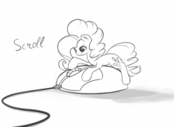Size: 1000x729 | Tagged: safe, artist:scootiebloom, pinkie pie, earth pony, pony, animated, computer mouse, cute, floppy ears, micro, monochrome, prone, scrolling, smiling, solo