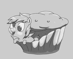 Size: 1000x800 | Tagged: safe, artist:yipsy, derpy hooves, pegasus, pony, cute, female, mare, micro, monochrome, muffin, ponies in food