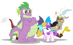 Size: 3098x1936 | Tagged: safe, artist:aleximusprime, discord, princess flurry heart, spike, alicorn, draconequus, dragon, flurry heart's story, adult, adult spike, bow, chaos, crossed arms, fat, fat spike, female, filly, filly flurry heart, male, older, older flurry heart, older spike, show accurate, talking, unamused, winged spike