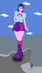 Size: 1839x3171 | Tagged: safe, artist:final7darkness, flash sentry, pinkie pie, spike, twilight sparkle, twilight sparkle (alicorn), dog, equestria girls, blimp, bowtie, city, clothes, cloud, cloudy, giantess, macro, pants, request, requested art, shoes, skirt, spike the dog