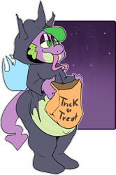 Size: 1003x1509 | Tagged: safe, artist:inisu, spike, anthro, changeling, dragon, bag, belly, bhm, changeling costume, clothes, costume, explicit source, fat, halloween, halloween costume, holiday, kigurumi, lidded eyes, solo, tongue out, trick or treat