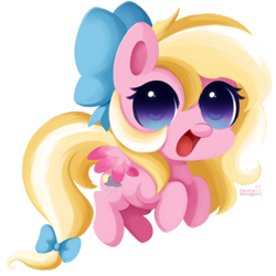 Size: 600x600 | Tagged: safe, artist:exceru-karina, oc, oc only, oc:bay breeze, pegasus, pony, bow, chibi, cute, female, flying, hair bow, happy, looking at you, mare, open mouth, simple background, smiling, solo, spread wings, tail bow, transparent background