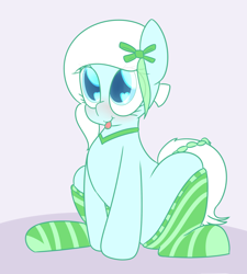 Size: 1280x1422 | Tagged: safe, artist:mr-degration, oc, oc only, oc:azur lachrimae, earth pony, pony, :t, blushing, bow, choker, clothes, cute, hair bow, heart eyes, sitting, smiling, socks, solo, striped socks, tongue out, wingding eyes