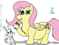 Size: 2201x1677 | Tagged: safe, artist:puffydearlysmith, angel bunny, fluttershy, pegasus, pony, angel is not amused, belly, big belly, candy bar, chest fluff, chocolate, crossed arms, eating, fat, fattershy, female, food, hoof hold, male, mare, smiling