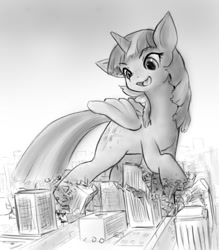 Size: 551x629 | Tagged: safe, artist:alloyrabbit, twilight sparkle, twilight sparkle (alicorn), alicorn, pony, city, destruction, female, giant pony, macro, mare, mega twilight sparkle, monochrome, solo, twizilla