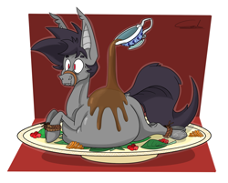 Size: 1700x1370 | Tagged: safe, artist:bigcdoodles, oc, oc only, oc:rufus dough, bat pony, vampony, chubby, dinner, fat, food, gravy, gravy boat, holiday, horse meat, meat, pony as food, rope, solo, thanksgiving, tied up, unamused