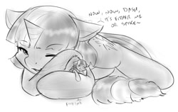 Size: 967x610 | Tagged: safe, artist:alloyrabbit, rainbow dash, twilight sparkle, twilight sparkle (alicorn), alicorn, pegasus, pony, :t, annoyed, cute, female, hape, hug, lesbian, mare, micro, monochrome, non-consensual cuddling, on side, open mouth, shipping, shrunk, smiling, twidash, wink