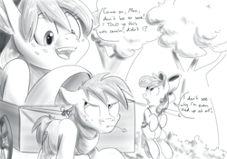 Size: 1000x700 | Tagged: safe, artist:goat train, apple bloom, applejack, big macintosh, earth pony, pony, giant pony, hay stalk, macro, male, monochrome, stallion, straw in mouth, underhoof