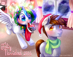 Size: 1439x1129 | Tagged: safe, artist:zorbitas, oc, oc only, oc:blitz krieg, oc:sky scraper, pegasus, pony, unicorn, antlers, blue eyes, blushing, christmas, clothes, cute, duo, female, full moon, hat, holly, looking back, male, mare, merry christmas, moon, ocbetes, reindeer antlers, santa hat, scarf, smiling, spanish, stallion, window