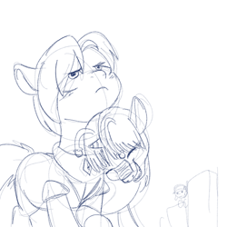 Size: 700x700 | Tagged: safe, artist:goat train, oc, oc only, oc:orchid, oc:p.o.n.e., oc:ultramare, kaiju pony, city, macro, monochrome, neck nuzzle, nuzzling, sketch