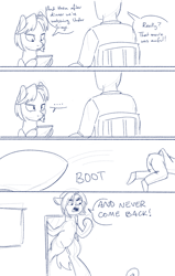 Size: 700x1100 | Tagged: safe, artist:goat train, oc, oc only, oc:anon, oc:ultramare, human, comic, date, dialogue, growth, kicking, macro, monochrome, sketch