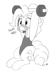 Size: 1280x1770 | Tagged: safe, artist:pabbley, pinkie pie, earth pony, pony, grayscale, leotard, monochrome, panting, simple background, solo, weight lifting, white background, workout