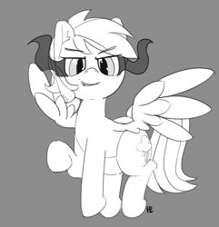 Size: 1280x1330 | Tagged: safe, artist:pabbley, rainbow dash, pegasus, pony, corrupted, fangs, flying, grayscale, monochrome, raised hoof, simple background, smirk, solo, sombra eyes