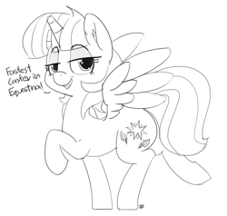 Size: 1280x1219 | Tagged: safe, artist:pabbley, rainbow dash, twilight sparkle, twilight sparkle (alicorn), alicorn, pony, dialogue, fusion, grin, lidded eyes, monochrome, simple background, smiling, smug, solo, spread wings, strut, white background