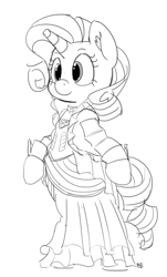 Size: 1156x1920 | Tagged: safe, artist:pabbley, rarity, pony, unicorn, bipedal, clothes, dress, gown, monochrome, simple background, solo, white background