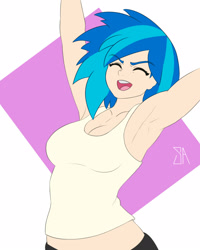 Size: 1280x1600 | Tagged: safe, artist:souladdicted, dj pon-3, vinyl scratch, human, armpits, breasts, cleavage, clothes, female, humanized, midriff, solo, tanktop, vinyl stacked