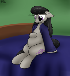 Size: 1532x1674 | Tagged: safe, artist:the-furry-railfan, octavia melody, earth pony, pony, bed, bedroom, belly button, chubby, clothes, fat, fatavia, robe, sitting, squishy, worried