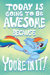 Size: 800x1200 | Tagged: safe, artist:1trick, rainbow dash, pegasus, pony, female, flying, looking at you, mare, motivational poster, open mouth, pointing, positive ponies, poster, smiling, solo, spread wings, text, underhoof