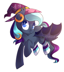 Size: 1600x1800 | Tagged: safe, artist:drawntildawn, oc, oc only, oc:witch hunt, bat pony, pony, clothes, hat, simple background, socks, solo, striped socks, transparent background, watermark, witch