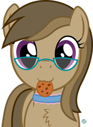Size: 1532x2104 | Tagged: safe, artist:arifproject, oc, oc only, oc:dawnsong, earth pony, pony, :3, arif's scrunchy pone, chest fluff, choker, cookie, cute, female, fluffy, food, glasses, looking at you, mare, mouth hold, nom, simple background, smiling, solo, transparent background, vector