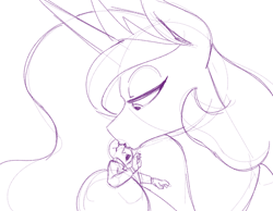 Size: 900x700 | Tagged: safe, artist:goat train, princess celestia, oc, oc:anon, human, disgusted, hoof hold, kissing, macro, monochrome, size difference, sketch, smooch