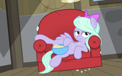 Size: 4618x2890 | Tagged: safe, artist:shoutingisfun, artist:slb94, flitter, pegasus, pony, absurd resolution, bored, bow, eating, female, food, hair bow, lazy, mare, popcorn, show accurate, sofa, solo